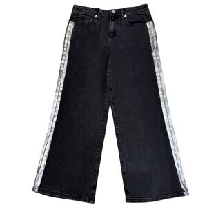 Black Wide-Leg Flare Cropped Jeans with Silver Stripes Size 16